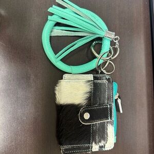 Leather and Hair on Hide Wristlet, Black & White with Aqua Accents - NEW
